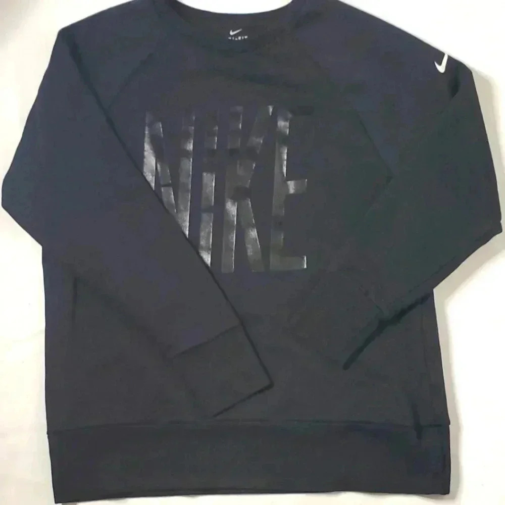 Nike Dri-Fit Womens Crew Neck Pullover Sweatshirt Front Graphic Black sz M